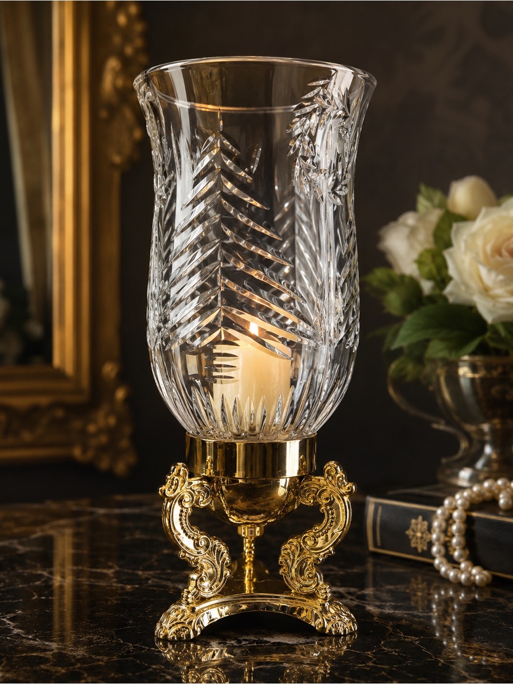 Vintage Godinger Crystal Hurricane Candle Holder w/ Ornate Gold Base